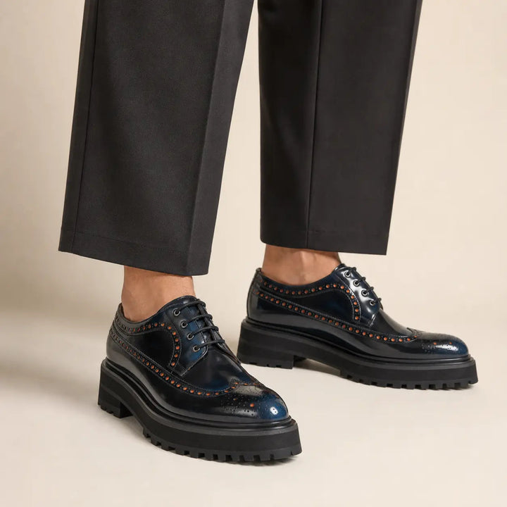 Handmade Chunky - sole Brogue Shoes Blue