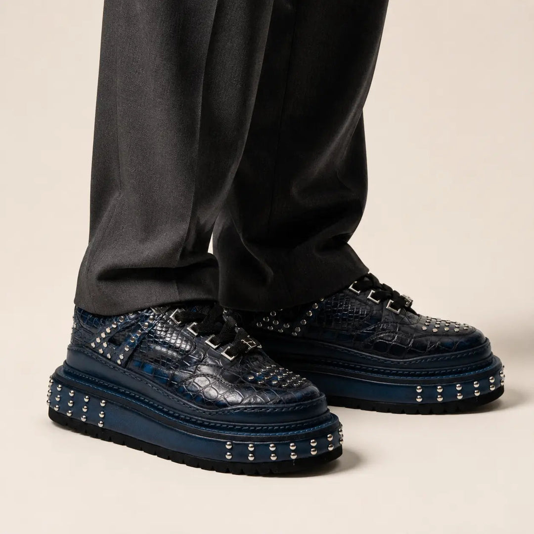 Blue Studded Crocodile Leather Sneakers