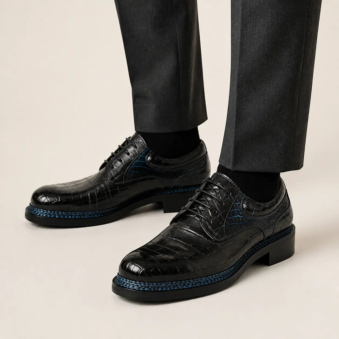 Handcrafted Nile Crocodile Derby Shoes Norwegian Stitch