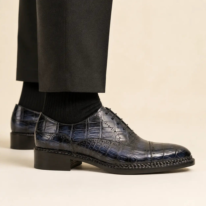 Purplish Blue Crocodile Oxford Shoes Goodyear Norwegian 8016