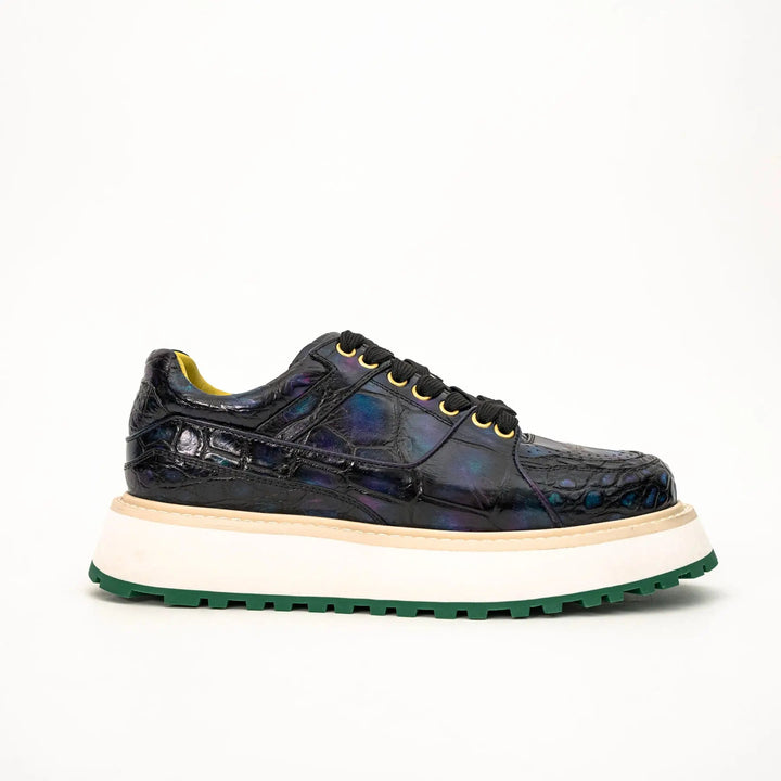 Iridescent Blue-Black Textured Platform Apron-Toe Low-top Sneaker