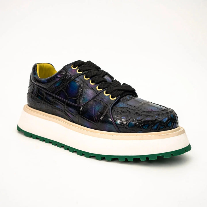Iridescent Blue-Black Textured Platform Apron-Toe Low-top Sneaker