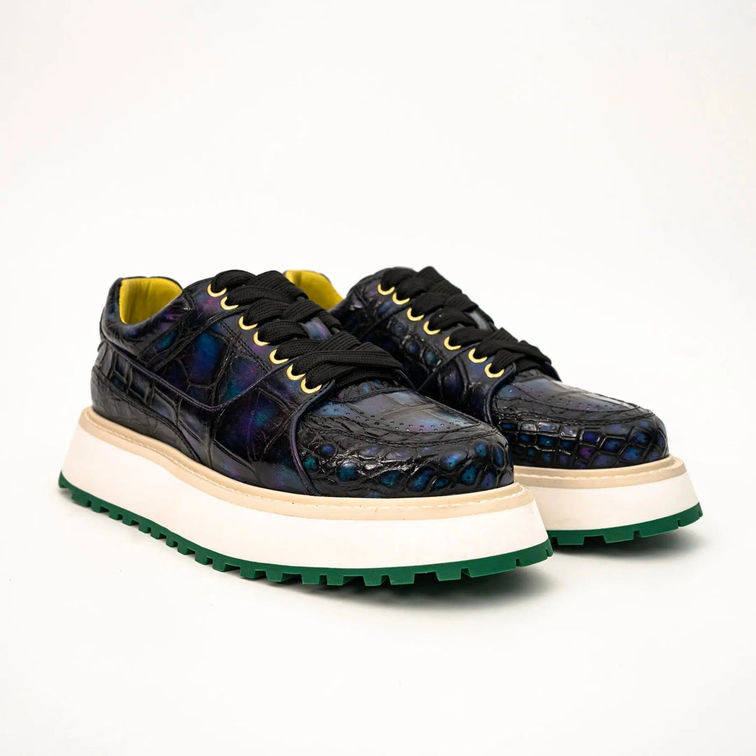 Iridescent Blue-Black Textured Platform Apron-Toe Low-top Sneaker