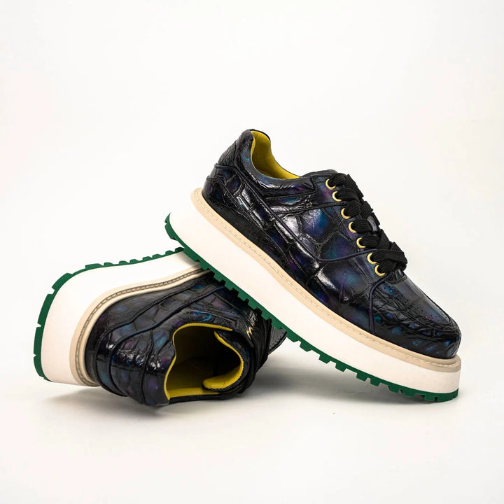 Iridescent Blue-Black Textured Platform Apron-Toe Low-top Sneaker