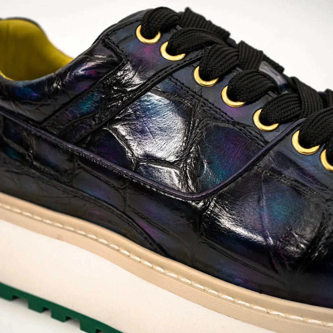 Iridescent Blue-Black Textured Platform Apron-Toe Low-top Sneaker