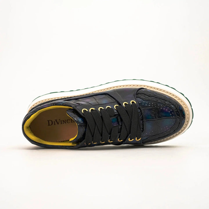 Iridescent Blue-Black Textured Platform Apron-Toe Low-top Sneaker