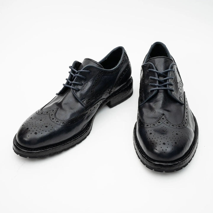 Blue-Black Wingtip Calf Leather Derby Shoes