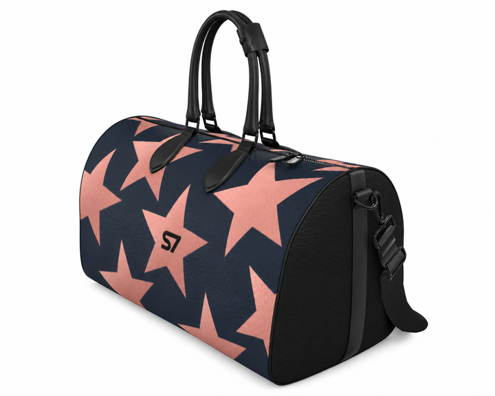 S7 Stella Midnight leather duffle bag with oversized rose-gold stars on midnight blue and a centered black S7 monogram.