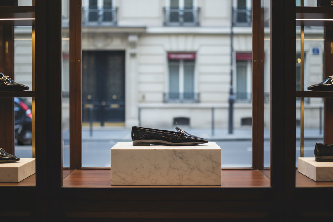 Black patent leather loafer on a white background