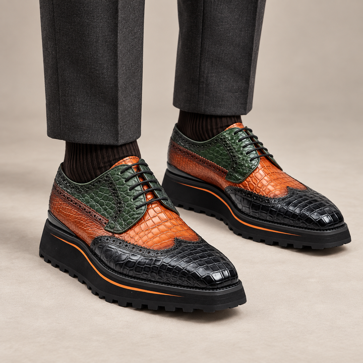 Multicolor Wingtip Crocodile Leather Derby Shoes