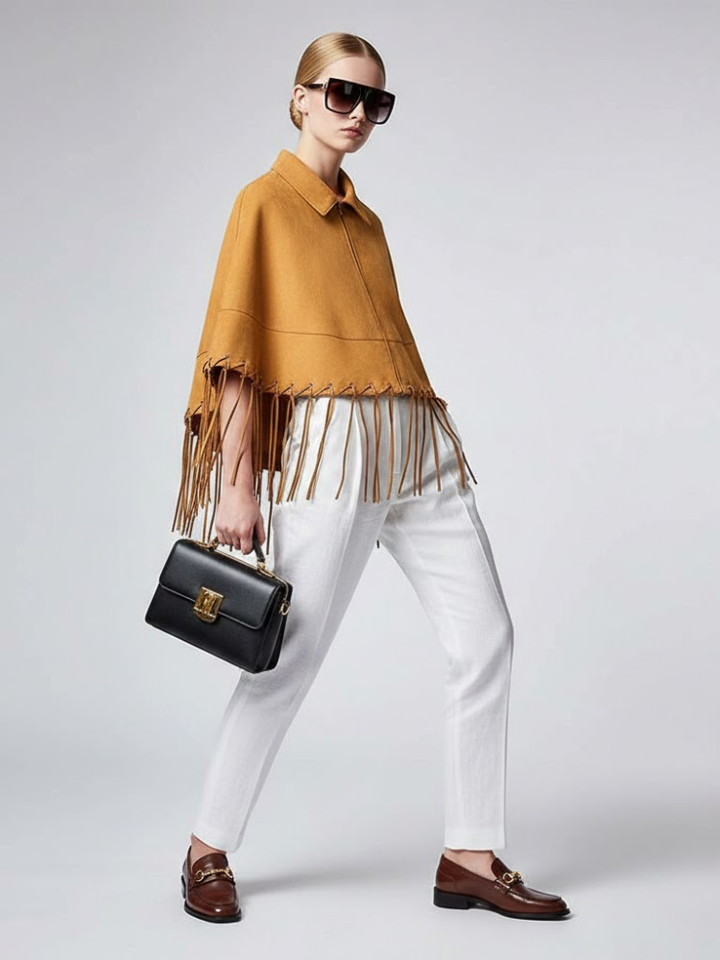 Mustard Suede-Finish Cape with Fringes and Eyelet Details • BYMANYC ® New York