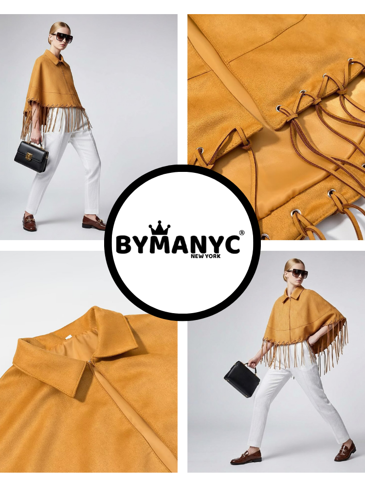 Mustard Suede-Finish Cape with Fringes and Eyelet Details • BYMANYC ® New York