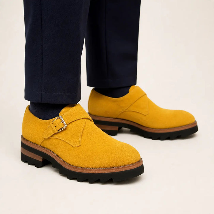 Lemon Yellow Cow Suede Monk Strap Shoes