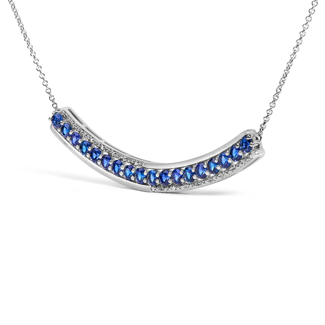 .925 Sterling Silver Diamond Accent and Round Blue Sapphire Gemstone Necklace