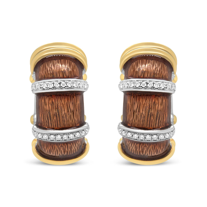 18K Yellow and White Gold Flash Plated .925 Sterling Silver Clear Brown Enamel 9/10 Cttw Round Diamonds Huggie Hoop Earrings (F-G Color, VS1-VS2 Clarity)