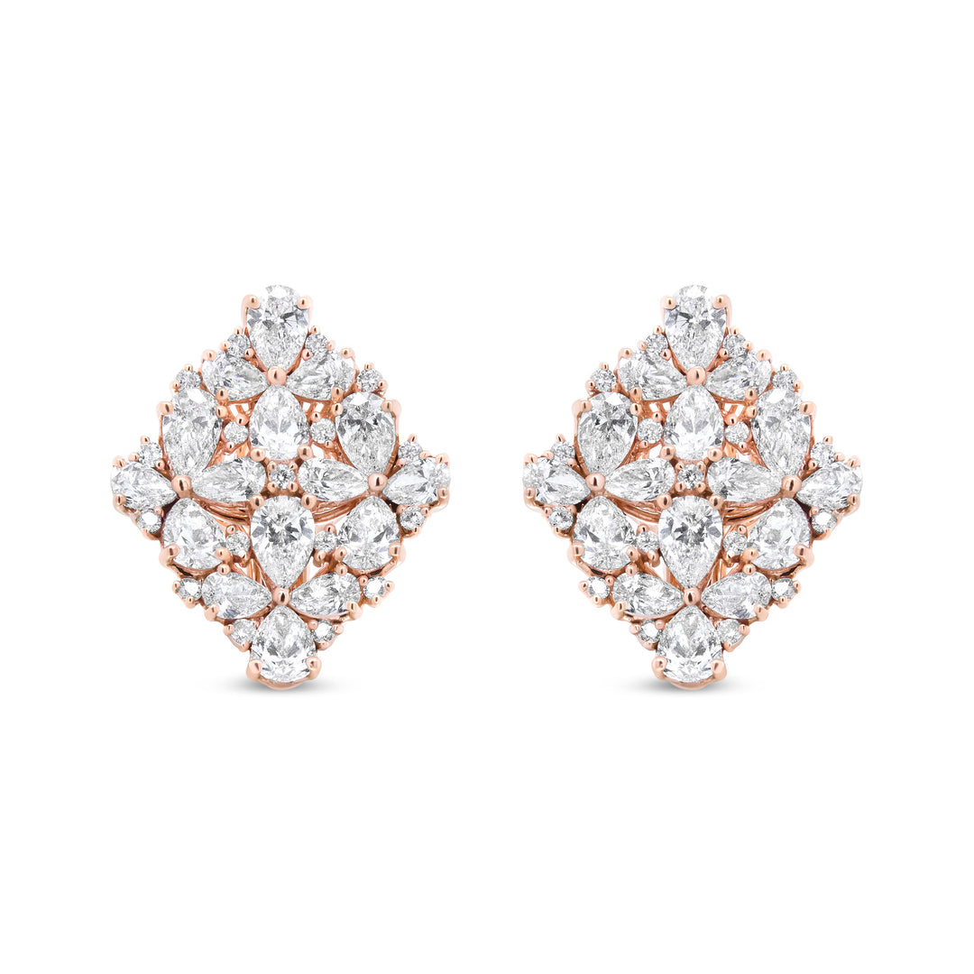 18K Rose Gold 8 1/3 Cttw Pear and Round Diamond Floral Cluster Omega Earrings (F-G Color, VS1-VS2 Clarity)