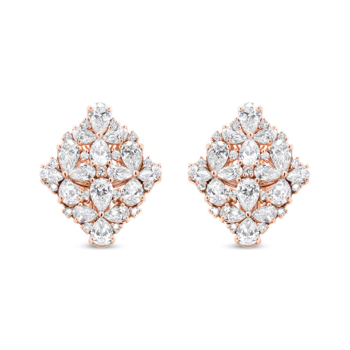 18K Rose Gold 8 1/3 Cttw Pear and Round Diamond Floral Cluster Omega Earrings (F-G Color, VS1-VS2 Clarity)