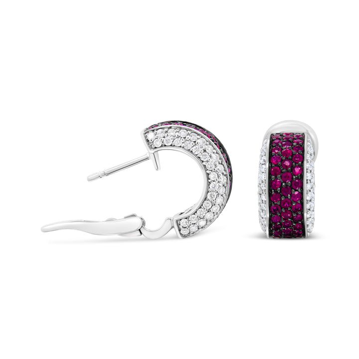 18K White Gold and Black Rhodium Plated 3/4 Cttw Round Diamonds and 1mm Round Red Ruby Huggie Hoop Earrings (F-G Color, VS1-VS2 Clarity)