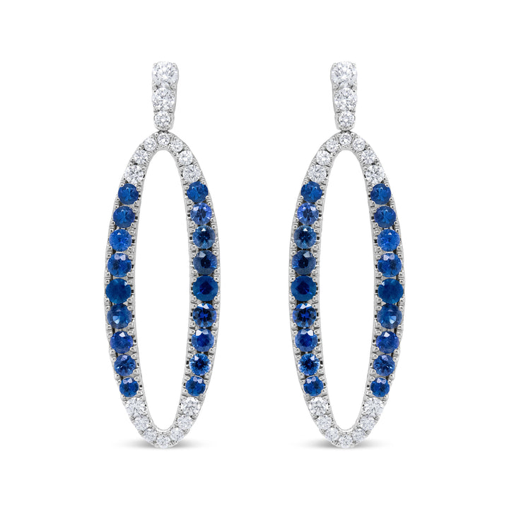 18K White Gold 1.11 Cttw Blue Round Diamond and Blue Sapphire Openwork Oval Shaped Dangle Earrings (F-G Color, VS1-VS2 Clarity)