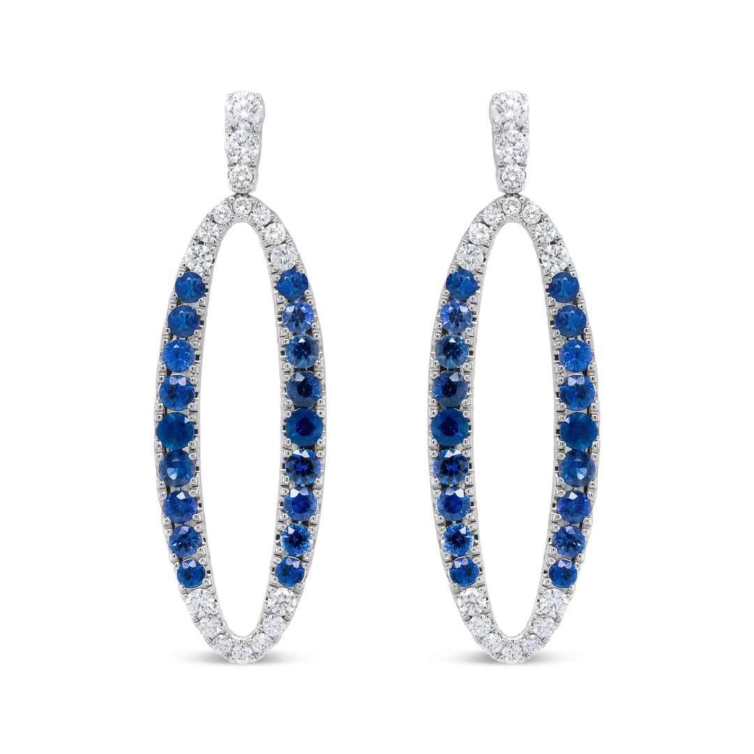 18K White Gold 1.11 Cttw Blue Round Diamond and Blue Sapphire Openwork Oval Shaped Dangle Earrings (F-G Color, VS1-VS2 Clarity)