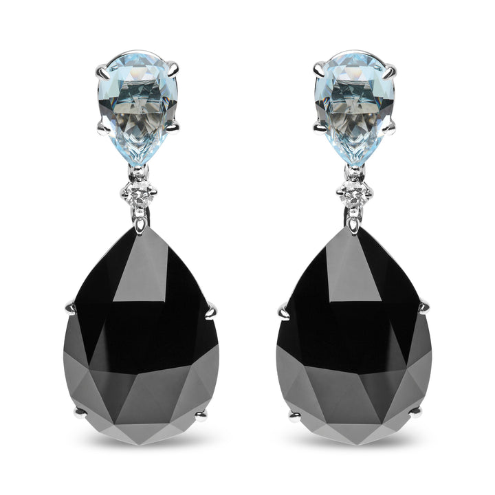 18K White Gold 1/5 Cttw Diamond with Pear Cut Sky Blue Topaz and Pear-Cut Black Onyx Gemstone Dangle Earring (G-H Color, SI1-SI2 Clarity)