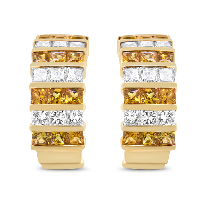 18K Yellow Gold 1 3/4 Cttw Invisible Set Princess Cut Diamond and 2.5mm Yellow Sapphire Huggie Hoop Earrings (F-G Color, VS1-VS2 Clarity)