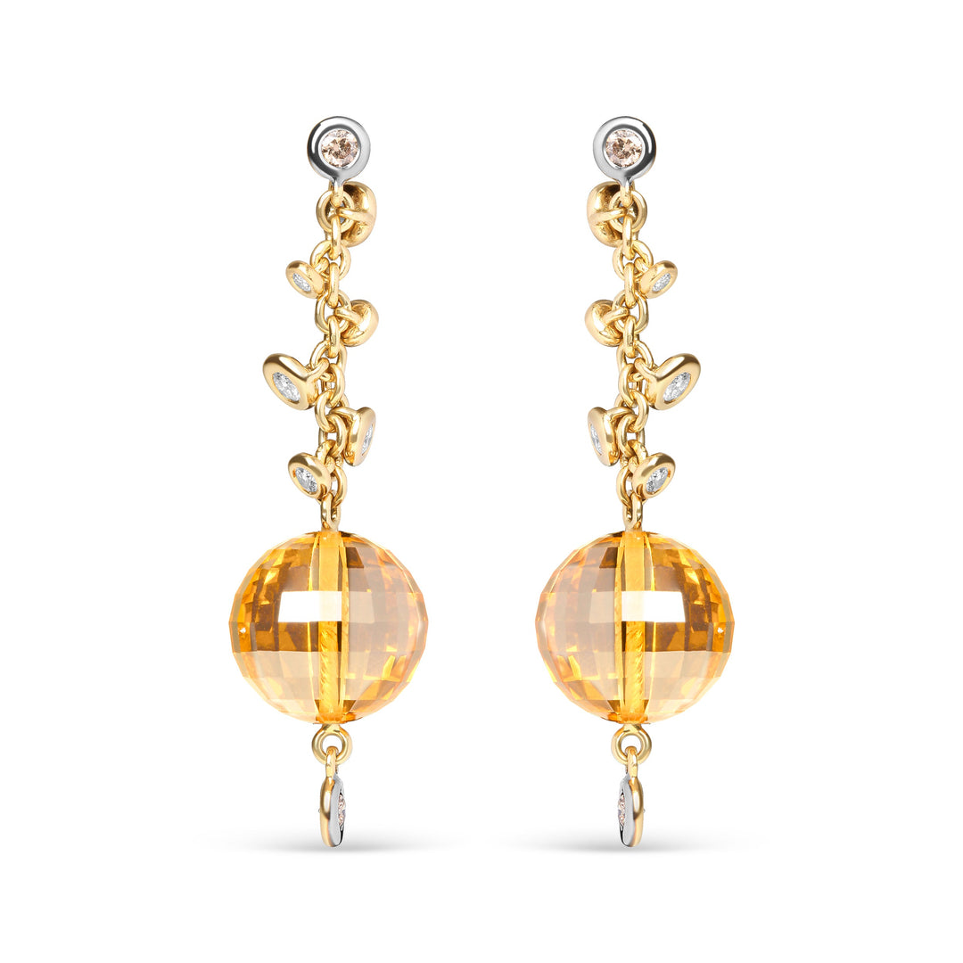 18K Yellow Gold 2/3 Cttw Round Bezel Diamond and 25mm Ball Shaped Yellow Citrine Gemstone Dangle Stud Earring (Brown and G-H Color, SI1-SI2 Clarity)