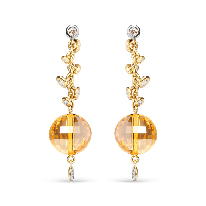 18K Yellow Gold 2/3 Cttw Round Bezel Diamond and 25mm Ball Shaped Yellow Citrine Gemstone Dangle Stud Earring (Brown and G-H Color, SI1-SI2 Clarity)