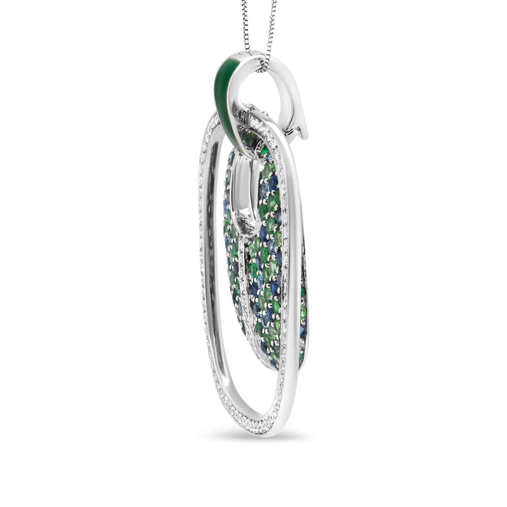 .925 Sterling Silver Green Enamel Pendant with 1/2 Cttw Diamond, Sapphire, and Tsavorite Openwork Statement 18" Pendant Necklace (F-G Color, VS1-VS2 Clarity)