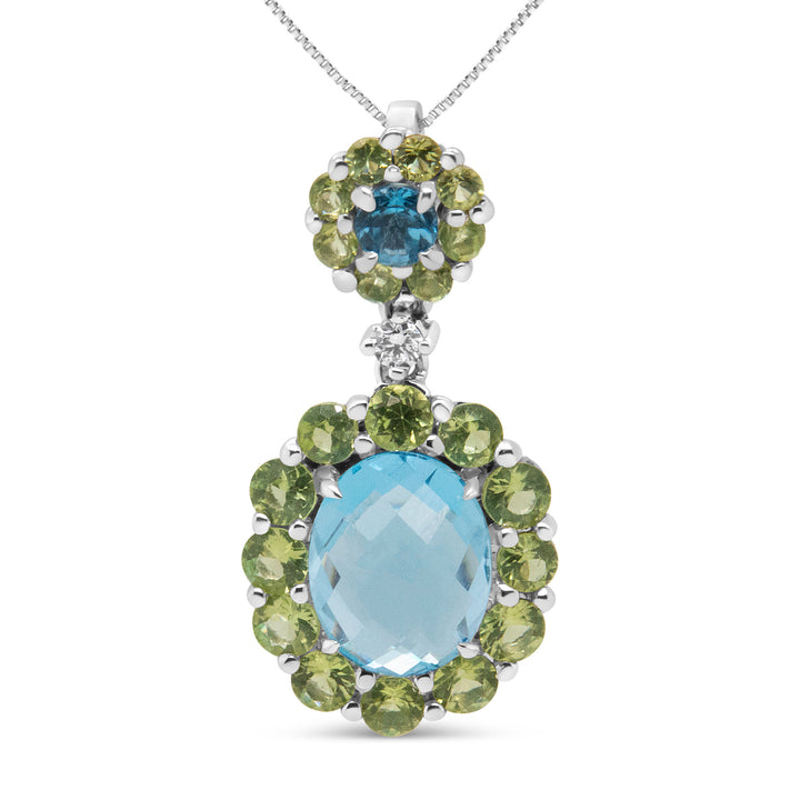 18k White Gold 0.05 Cttw Round Diamond and Blue Topaz and Green Peridot Gemstone Halo Drop 18" Pendant Necklace (F-G Color, VS1-VS2 Clarity)
