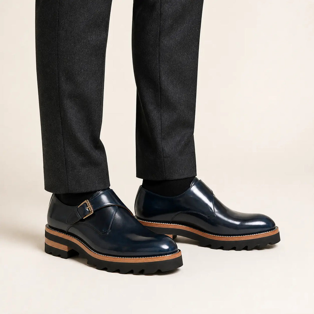 Blue Leather Monk Strap Shoes with Chunky Soles
