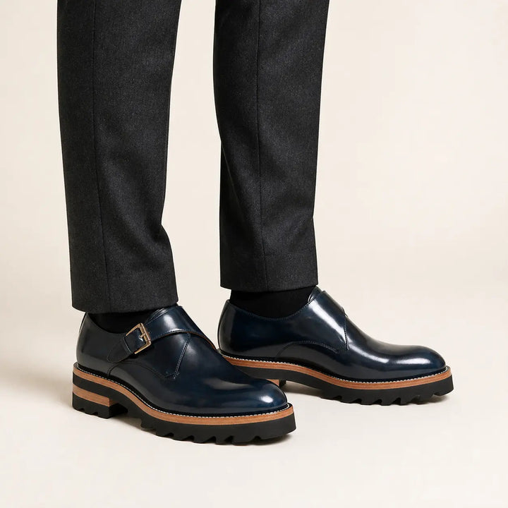 Blue Leather Monk Strap Shoes with Chunky Soles