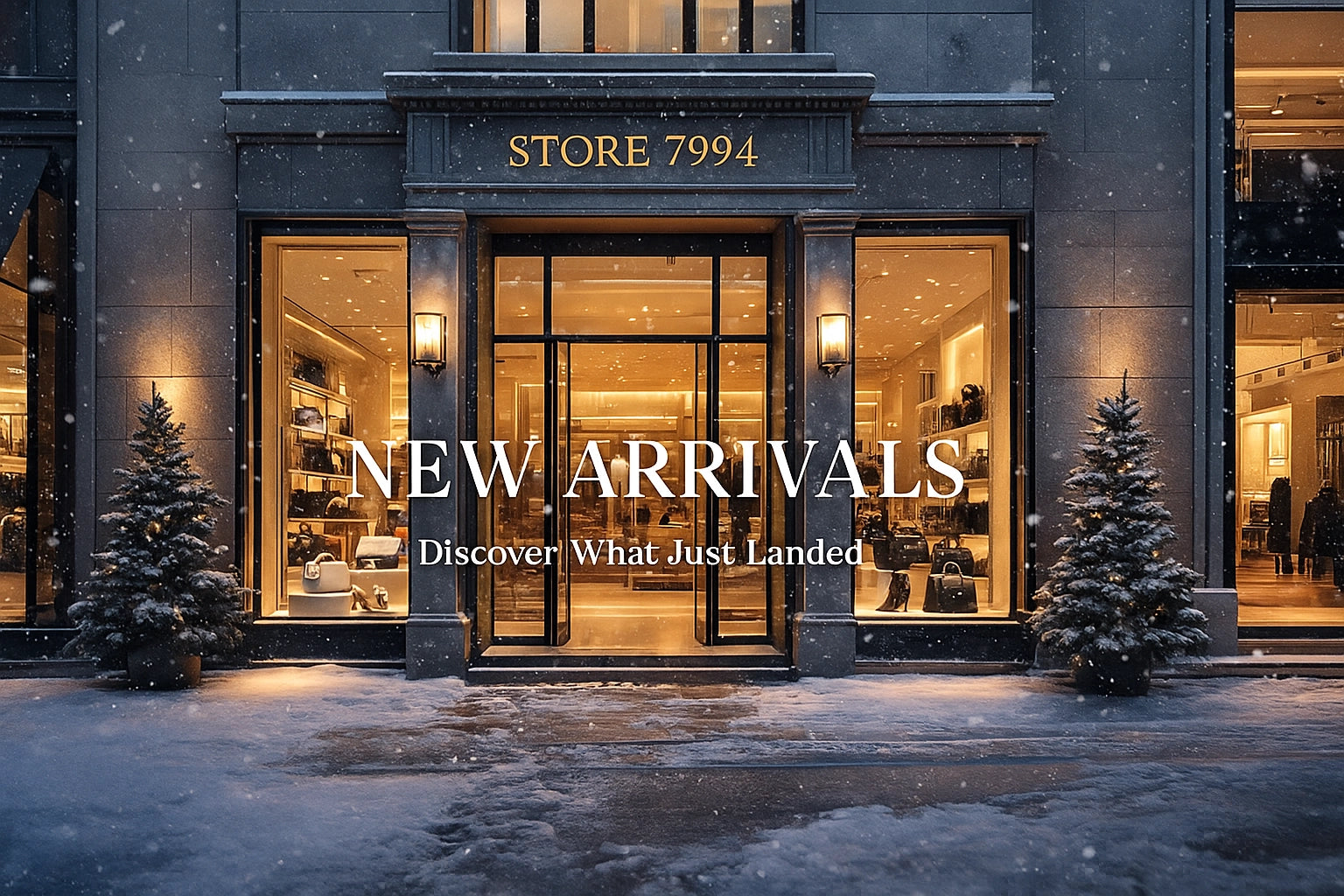 Luxury store exterior with 'New Arrivals' sign and snow outside
