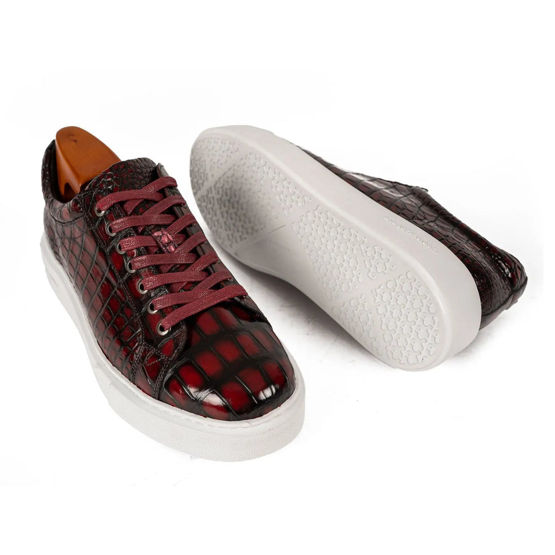 Burgundy Crocodile Leather Sneakers