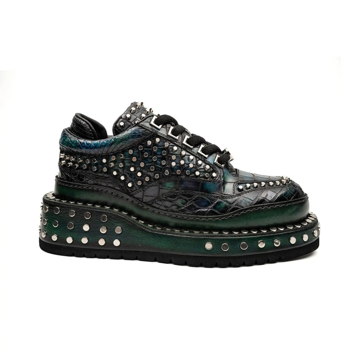 Green Studded Crocodile Leather Sneakers
