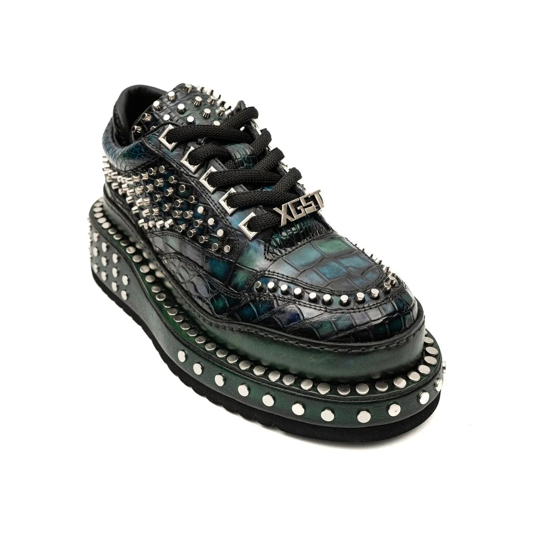 Green Studded Crocodile Leather Sneakers