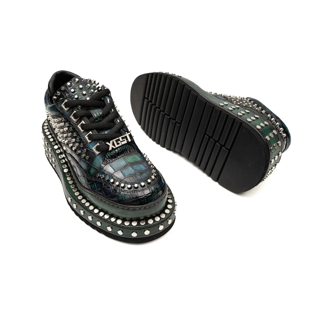 Green Studded Crocodile Leather Sneakers