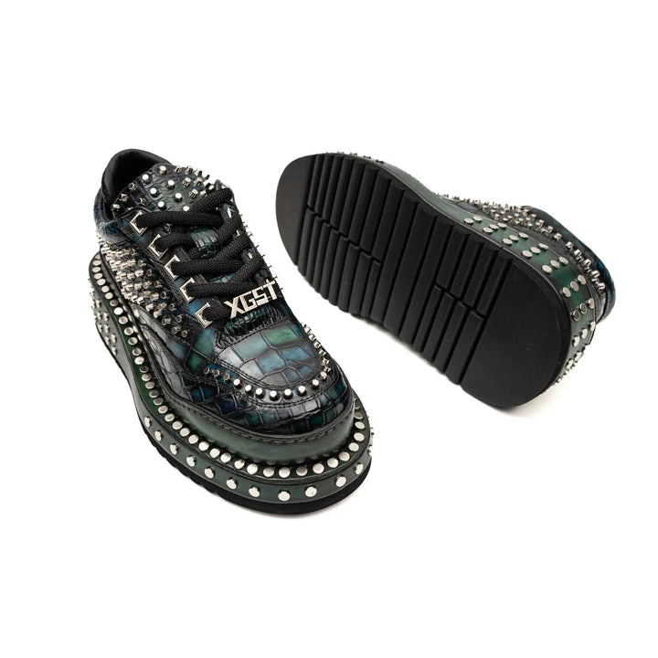 Green Studded Crocodile Leather Sneakers
