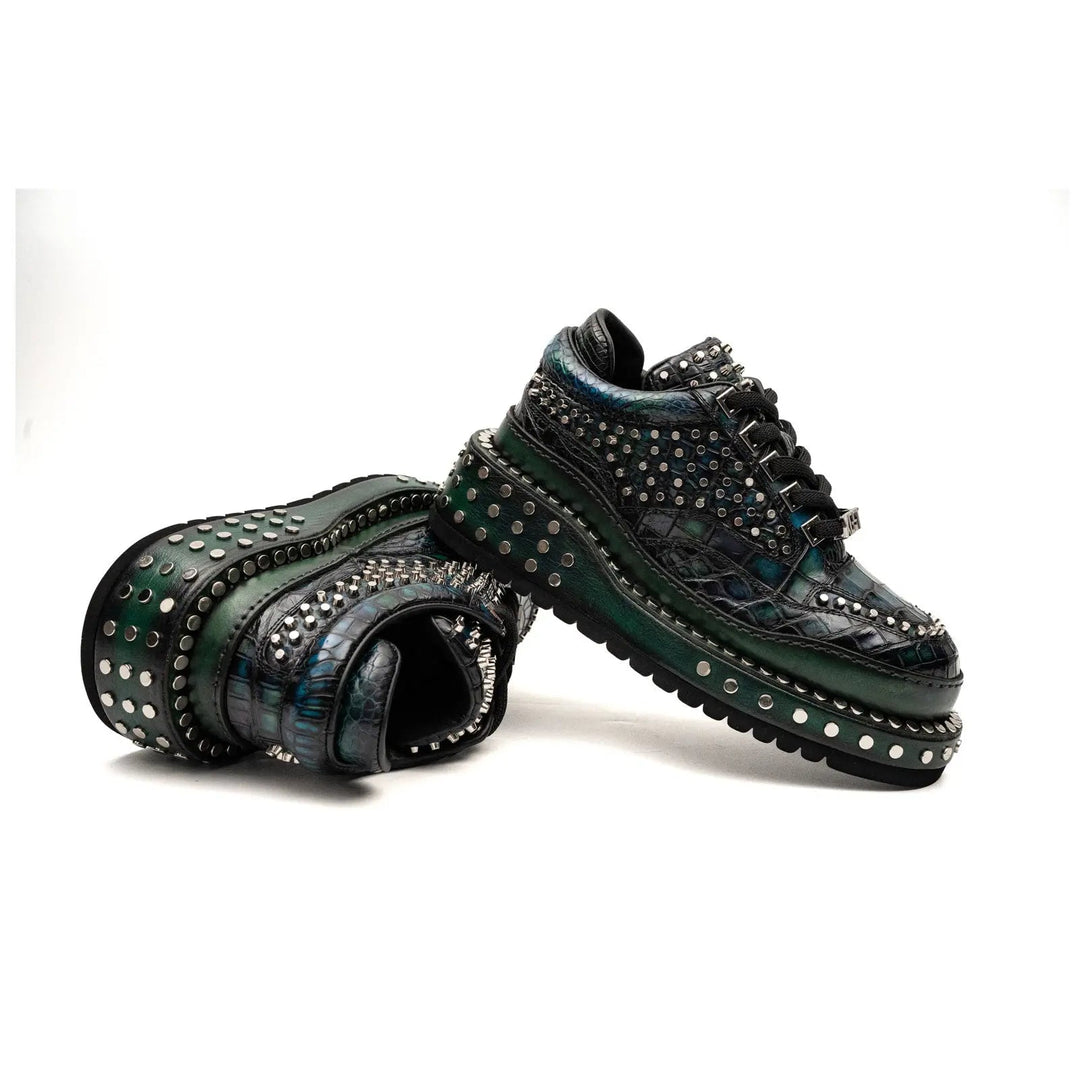 Green Studded Crocodile Leather Sneakers