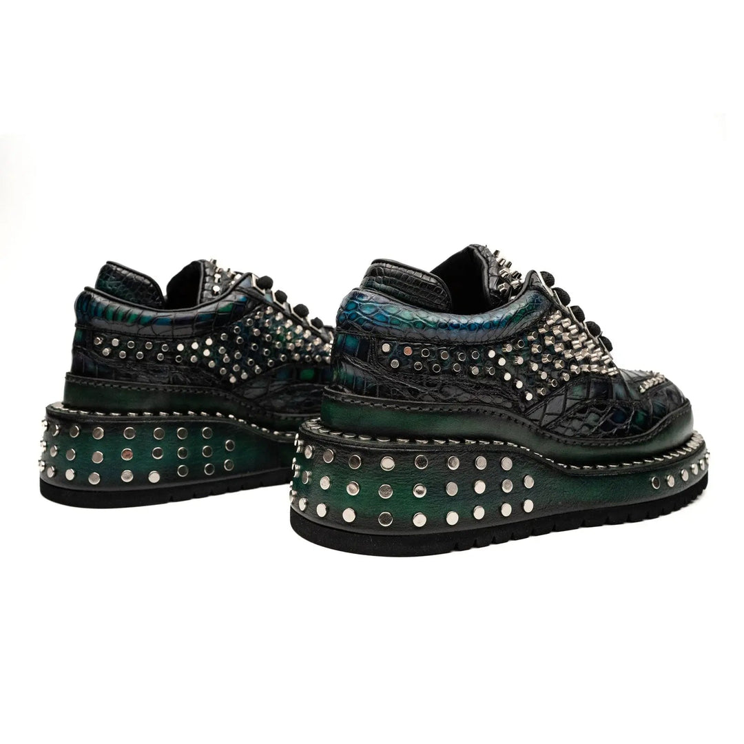 Green Studded Crocodile Leather Sneakers