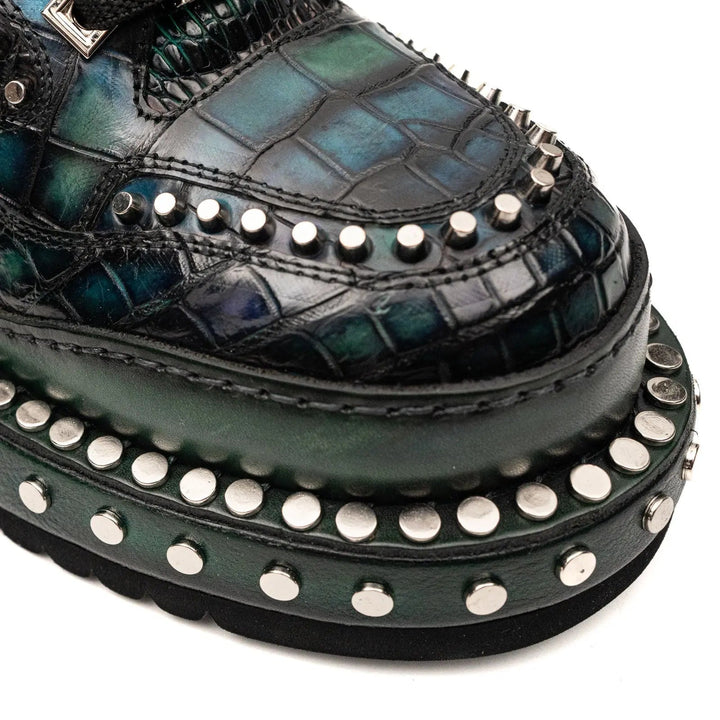 Green Studded Crocodile Leather Sneakers
