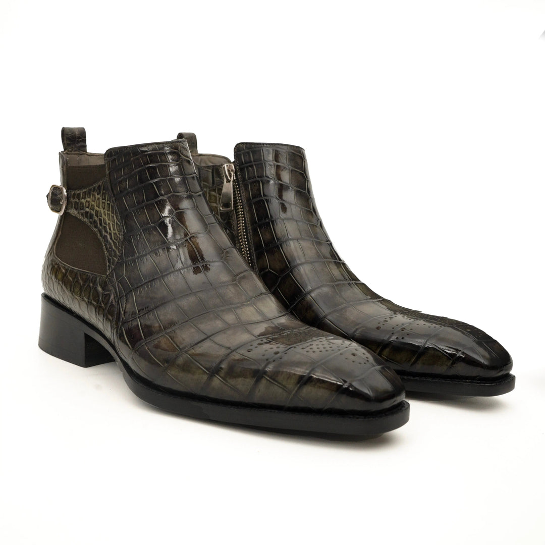 Dark Olive Green Crocodile Leather Chelsea Boots