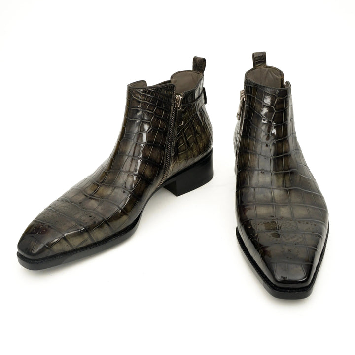 Dark Olive Green Crocodile Leather Chelsea Boots