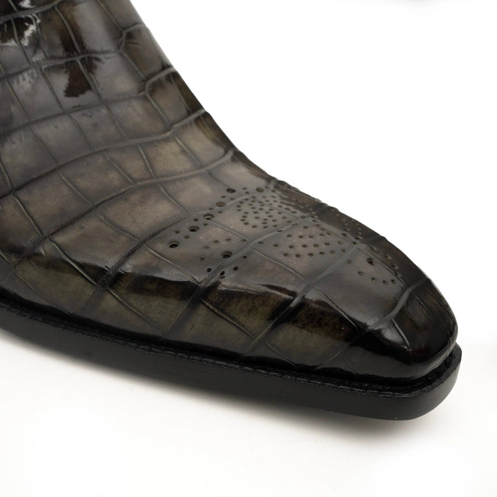 Dark Olive Green Crocodile Leather Chelsea Boots
