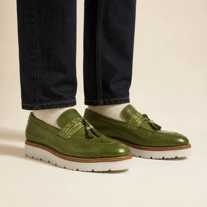 Green Calf &amp; Crocodile Leather Tassel Loafers