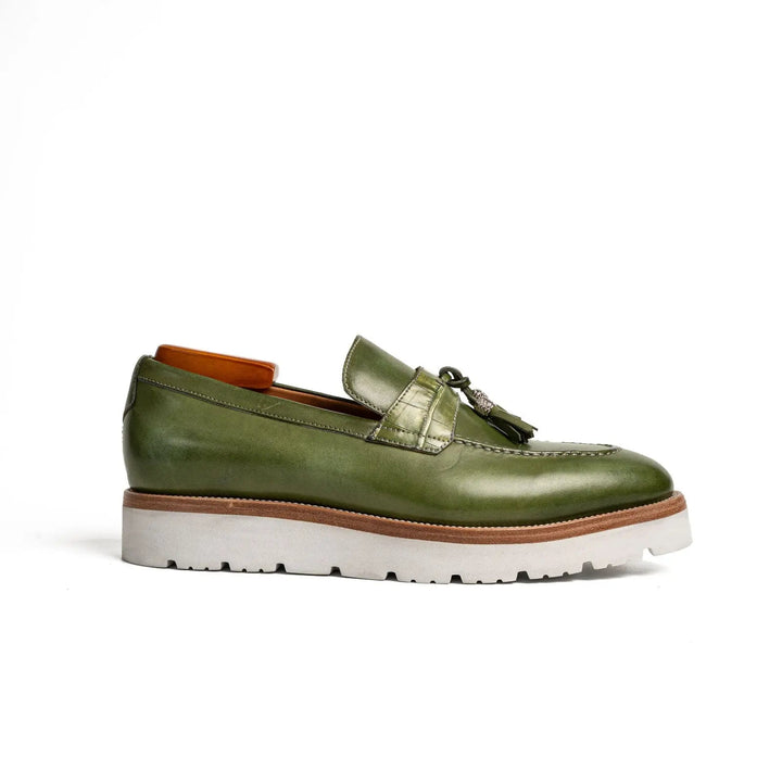 Green Calf &amp; Crocodile Leather Tassel Loafers