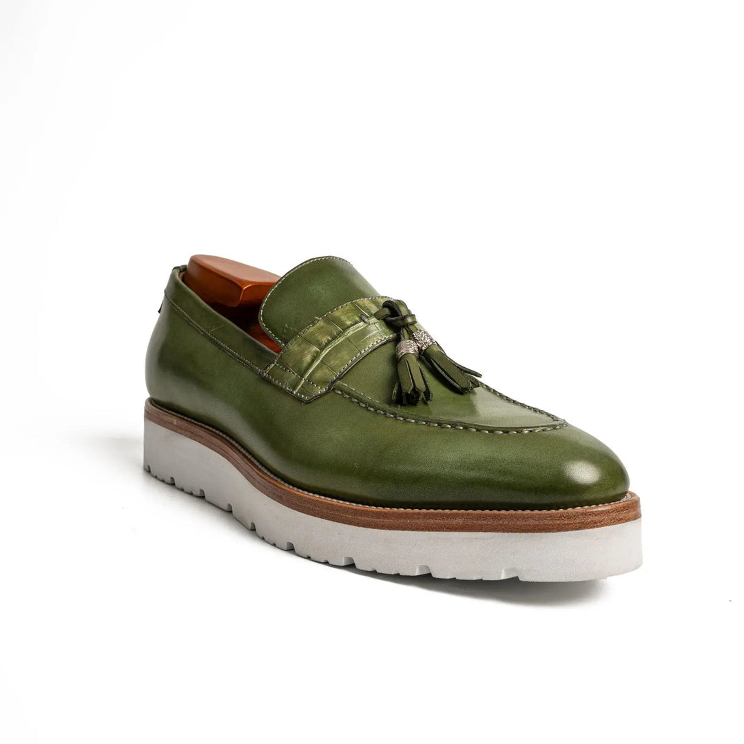 Green Calf &amp; Crocodile Leather Tassel Loafers