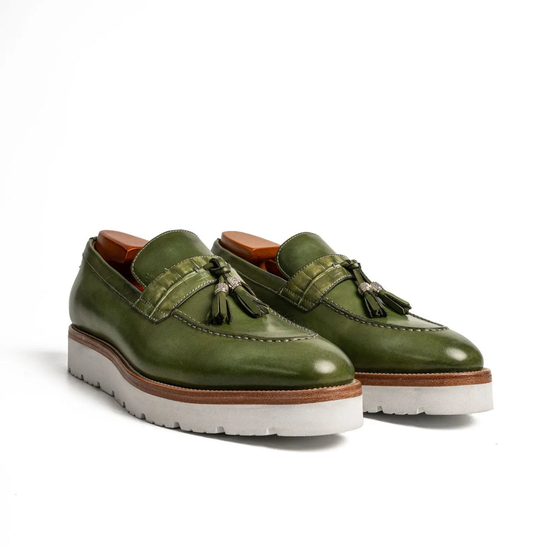 Green Calf &amp; Crocodile Leather Tassel Loafers