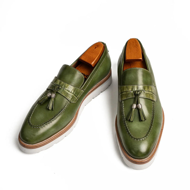 Green Calf &amp; Crocodile Leather Tassel Loafers