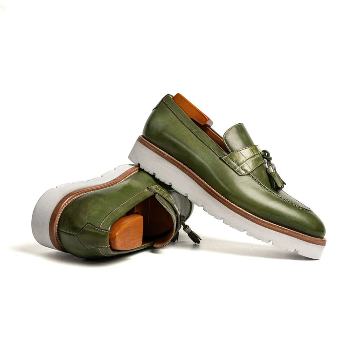 Green Calf &amp; Crocodile Leather Tassel Loafers